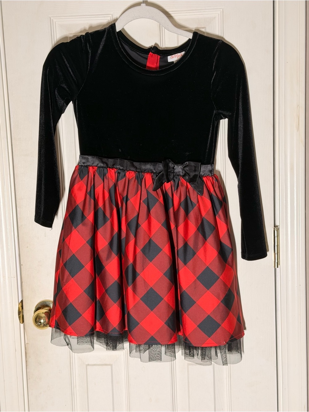 Cat & Jack Black Velvet Top with Red Plaid Skirt Holiday Dress